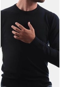 Maglione nero lavorato a maglia con scollo a girocollo, maniche lunghe e polsini a coste. Il tessuto è liscio e aderente, mettendo in evidenza la forma del corpo.