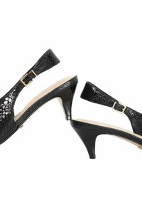 Black slingback heels with a textured crocodile pattern, accentuated by a gold buckle, featuring a pointed toe and a mid-height heel.