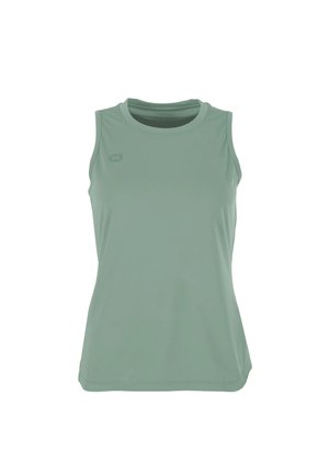 Canotta sportiva verde senza maniche con scollo rotondo e logo discreto sulla parte superiore sinistra del petto, mostrata su sfondo bianco.