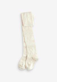 Beige Strumpfhosen aus weichem Material, mit glatter Textur und schlichtem Design, die an den Zehen und im oberen Bereich gut anliegen.
