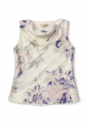 Top crema senza maniche con scollo a drappeggio che presenta morbidi motivi floreali pastello in viola, rosa e verde chiaro.