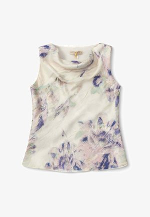 Top crema senza maniche con scollo a drappeggio che presenta morbidi motivi floreali pastello in viola, rosa e verde chiaro.