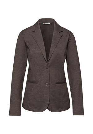 Blazer marrone scuro su misura con due bottoni, collo a lancia e tasche a filetto frontali, mostrato su sfondo bianco.