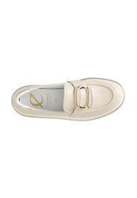 Beige Leder Slipper mit runder Zehenform. Verfügt über ein doppeltes Schnallen-Design und eine weiße Gummisohle. Größe 37.