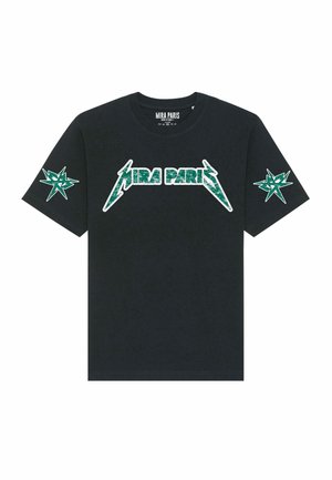 Black cotton t-shirt featuring a green graphic "MIRA PARIS" logo and star designs on the sleeves. Short sleeves, crew neck, standard fit.