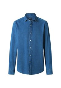 Donkerblauwe denim overhemd met lange mouwen, button-down kraag en voorflap met witte knopen. Gladde textuur, egale kleurafwerking.