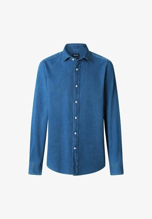 Donkerblauwe denim overhemd met lange mouwen, button-down kraag en voorflap met witte knopen. Gladde textuur, egale kleurafwerking.