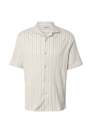 Chemise à manches courtes de couleur crème avec des rayures verticales subtiles et un col décontracté ouvert, taille grande, par Indicode.