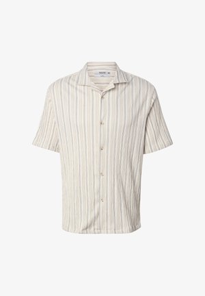 Chemise à manches courtes de couleur crème avec des rayures verticales subtiles et un col décontracté ouvert, taille grande, par Indicode.