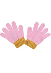 Guantes de punto rosa con puño acanalado dorado, que cuentan con cinco dedos y una textura suave, adecuados para el clima frío.