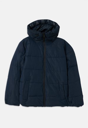 Navy puffer jacket with hood, featuring a zip front, horizontal stitching design, two side pockets, and logo on the inner lining.