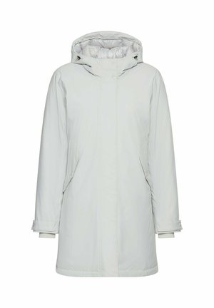 Hellgraue wasserdichte Jacke mit Kapuze, Reißverschluss vorne, seitlichen Taschen und verstellbaren Bündchen. Glatte Oberfläche mit gesteppter Innenauskleidung.