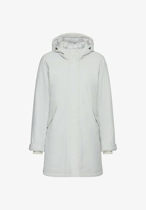Jasnoszara wodoodporna kurtka z kapturem, z zamkiem z przodu, bocznymi kieszeniami i regulowanymi mankietami. Gładka tekstura z pikowanym podszyciem.