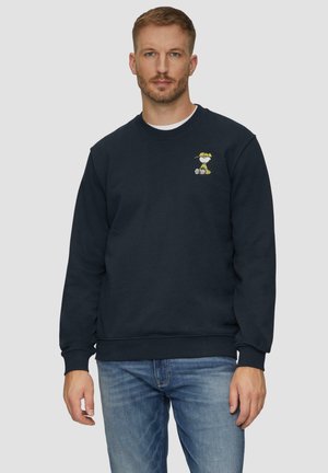 Navy blue sweatshirt featuring a small embroidered Snoopy design on the chest, made from a soft texture with ribbed cuffs and hem.