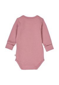 Long-sleeve bodysuit in soft pink cotton, featuring a round neck, ribbed cuffs, and snap closure at the bottom for easy dressing.