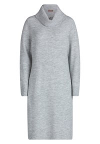 Šedé pletené šaty se širokým žebrovaným rolákem, dlouhými rukávy a žebrovanými manžetami. Měkká textura s mírně volným střihem.