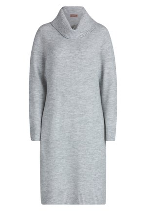 Šedé pletené šaty se širokým žebrovaným rolákem, dlouhými rukávy a žebrovanými manžetami. Měkká textura s mírně volným střihem.