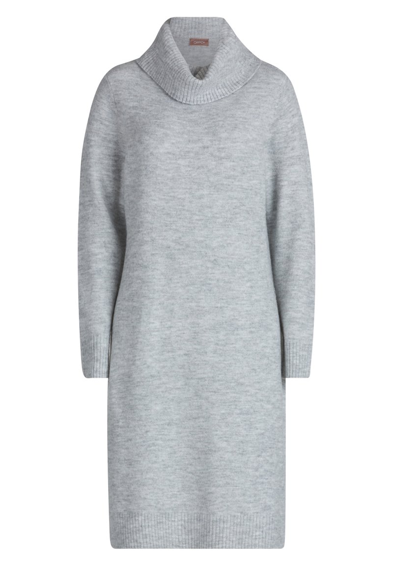 Šedé pletené šaty se širokým žebrovaným rolákem, dlouhými rukávy a žebrovanými manžetami. Měkká textura s mírně volným střihem.