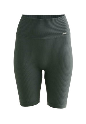 Donkergroene geribbelde shorts van rekbare stof, met een hoge taille en een strak design, voorzien van een gladde tailleband en een subtiel logo-detail.