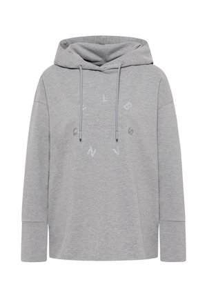 Gray hoodie made of soft fabric, featuring a kangaroo pocket, drawstring hood, and circular logo design on the front. Relaxed fit.