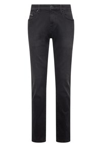 Vaqueros de mezclilla negra con pierna recta, diseño de cinco bolsillos, con cierre de cremallera, costuras a tono y un sutil acento de la marca en el bolsillo.