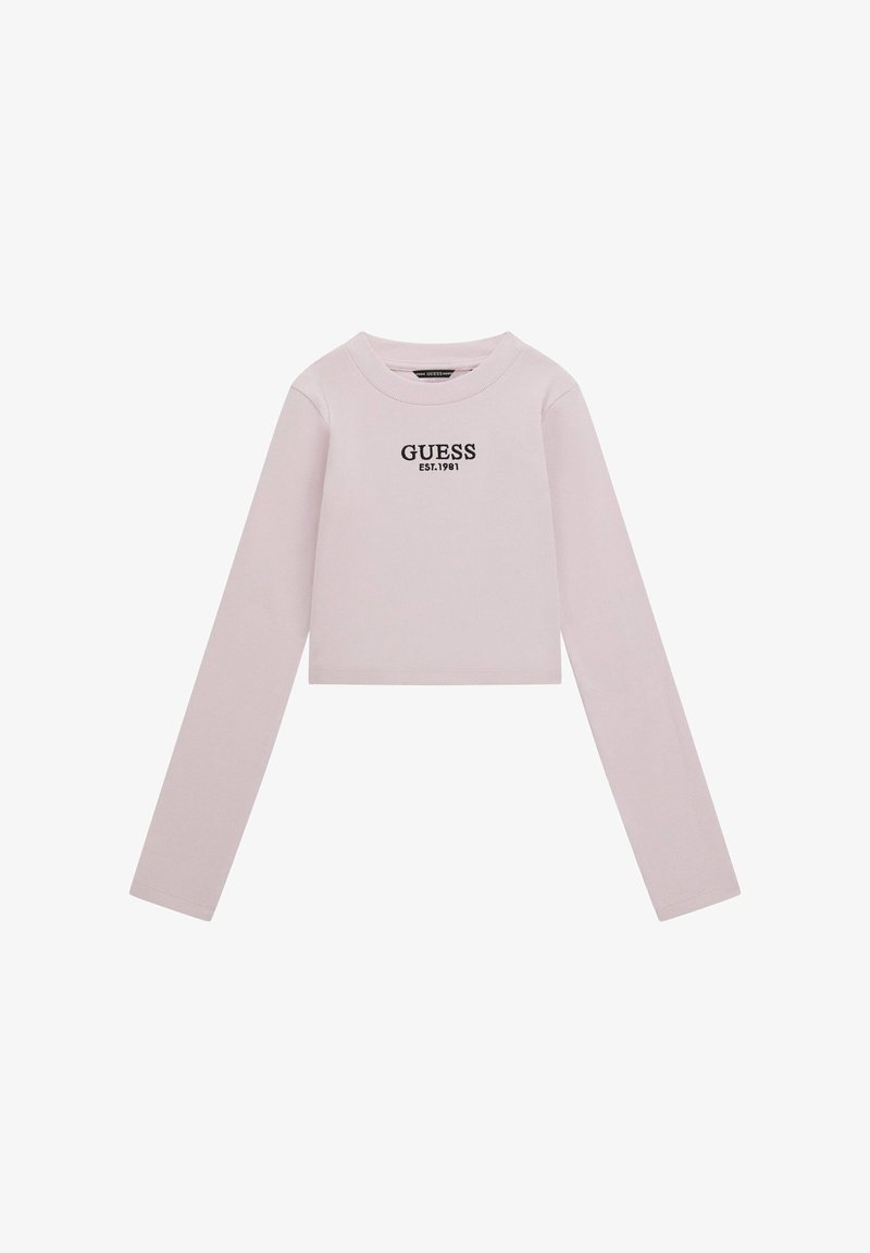 Helles rosa, kurzes Langarmshirt aus weichem Material, mit einem schwarzen "GUESS EST.1981" Logo auf der Vorderseite. Rundhalsausschnitt, gerippte Textur.