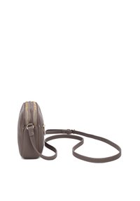 Borsa a tracolla in pelle grigia con due scomparti zip, design piatto, spallaccio regolabile e finiture in tonalità oro.