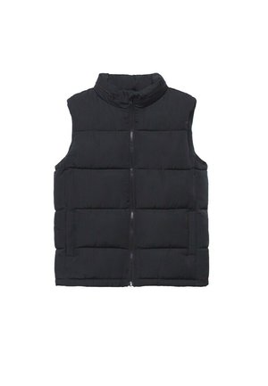Veste matelassée noire sans manches avec zip frontal et col montant, conçue pour la chaleur et un usage décontracté.