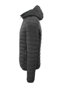 Giacca imbottita nera con cappuccio, caratterizzata da una texture a righe orizzontali, tasca laterale con zip e una silhouette slanciata.