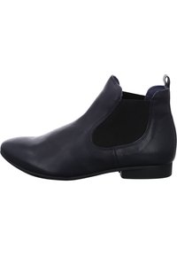 Bottines en cuir marine à bout pointu, avec des panneaux latéraux élastiques et un petit talon ; texture lisse avec un éclat subtil.