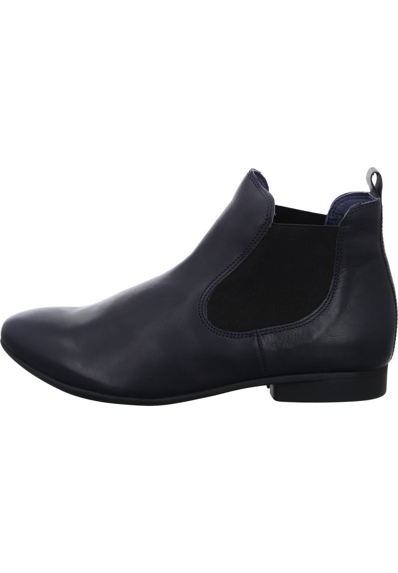 Bottines en cuir marine à bout pointu, avec des panneaux latéraux élastiques et un petit talon ; texture lisse avec un éclat subtil.