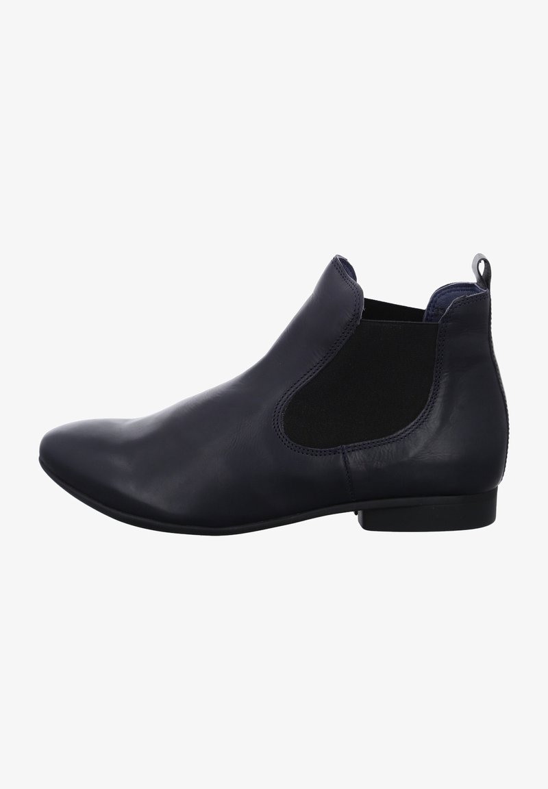 Navy leather ankle boots with a pointed toe, elastic side panels, and a low heel; smooth texture with a subtle sheen.