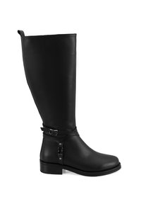 Botte noire montante en cuir lisse. Présente une sangle avec une boucle décorative et un talon bas, plat. Design épuré et simple.