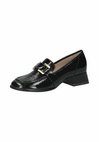 Black patent leather loafer with a low block heel, featuring a gold buckle detail across the vamp and stitched accents on the toe.