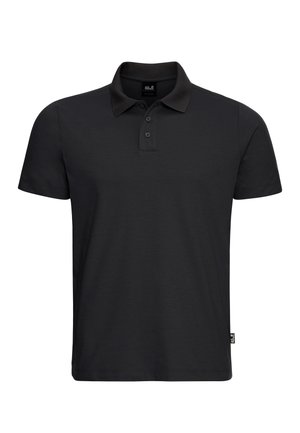 Polo noir à manches courtes avec patte de boutonnage à trois boutons et col, comportant une petite étiquette latérale sur l'ourlet.
