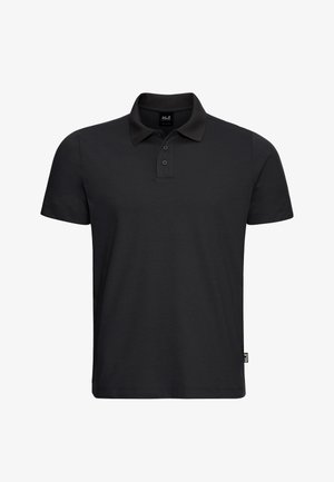 Zwart poloshirt met korte mouwen, voorzien van een knoopsluiting met drie knopen en een kraag, met een klein zijlabel aan de zoom.