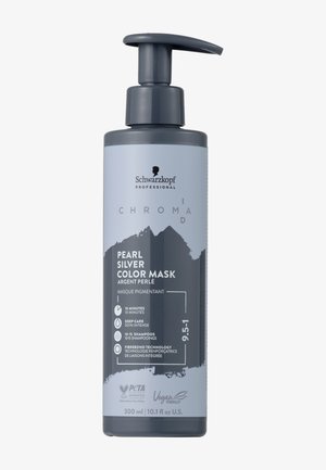 Schwarzkopf ChromaID Pearl Silver Color Mask in a grey bottle; features a pump dispenser, minimalistic design, and black text detailing.