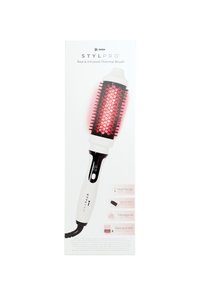 Rote und infrarote Thermalbürste mit einem Schwarz-Weiß-Design, sechseckigem Barrel, LED-Display und strukturierten Borsten in einer detailreichen Verpackung.