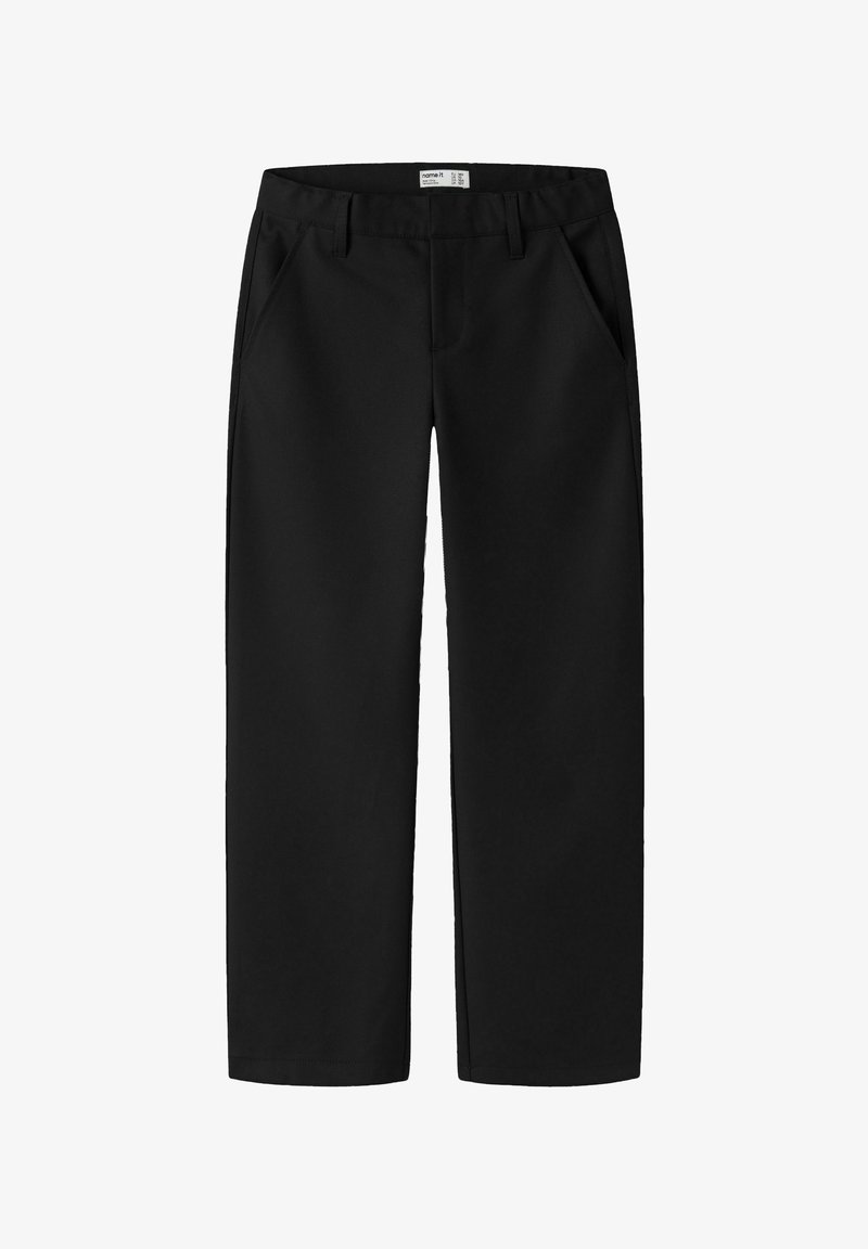 Pantalon noir droit avec passants de ceinture, poches latérales et une étiquette blanche visible à l'intérieur de la ceinture sur fond blanc.