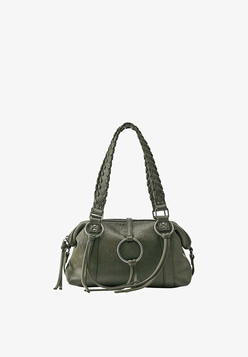 Sac à main en cuir vert foncé avec anses tressées, décoration anneau argenté, fermeture éclair et accents pompons sur fond blanc.