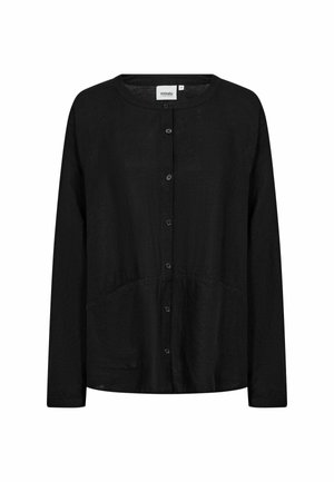 Cardigan noir à manches longues boutonné avec col rond et poches plaquées devant, étiquette Wasabi Concept, taille moyenne.