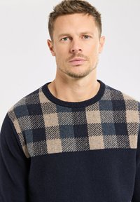 Homme avec des cheveux bruns courts portant un pull-over bleu marine avec un motif à carreaux beige et bleu sur la partie supérieure de la poitrine et des épaules.