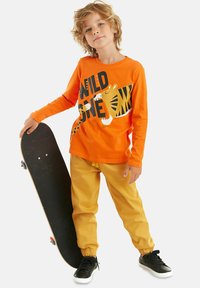Oranje langesleeve shirt met zwarte tekst en een tijgerafbeelding. Gele broek met elastische boorden. Zwarte sneakers. Skateboard in één hand vast.