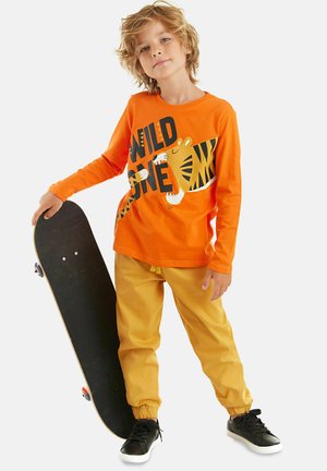 Orangene Langarmbluse mit schwarzem Text und einem Tiger-Graphic. Gelbe Hose mit elastischen Bündchen. Schwarze Sneakers. Skateboard in einer Hand gehalten.
