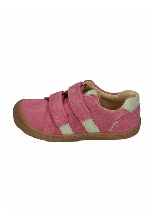 Pink suede children's sneaker with two hook-and-loop straps, beige stripes, beige heel tab, and brown rubber sole.