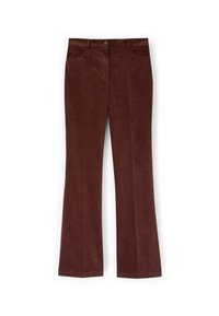 Pantalones acampanados de pana marrón con una textura suave, que cuentan con bolsillos frontales y un cierre de botón en la cintura.