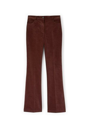 Pantaloni a zampa d'elefante in velluto a coste marrone con una superficie liscia, dotati di tasche frontali e chiusura con bottone in vita.