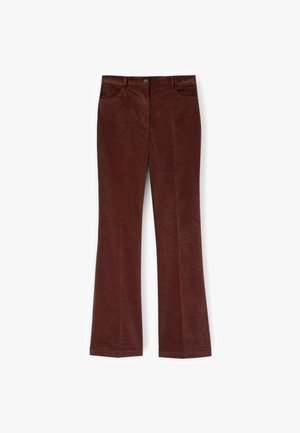 Braune Corduroy-Glitzhosen mit glatter Textur, ausgestattet mit Vordertaschen und einem Knopfverschluss an der Taille.