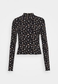 Schwarzes Langarm-Turtleneck-Oberteil aus geripptem Stoff mit einem kleinen Blumenmuster in Weiß und Braun, im cropped Design und mit gewelltem Saum.