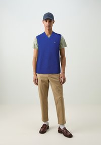 Blauwe geribbelde gebreide mouwloze vest over een lichtgroene t-shirt, beige broek, witte sokken en bruine instappers. Lacoste-logo op het vest.